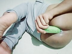 Indian femboy gapping his hole with large vegetable dildo