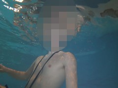 'Naked swim and cum with metal cockring and plug'