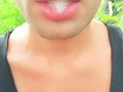 'Showing cum in mouth after blowjob outdoor and cum swallowing'