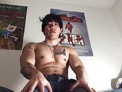 college asian jock solo flexing and massaging muscles