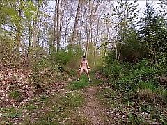 naked slave pig exposed in penis cage travel in trunk, outdoor hiking public in the wood, BDSM CBT