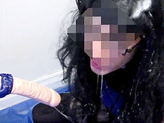 Lots of jizz + splooging dildo = facials for a blessed sissy.